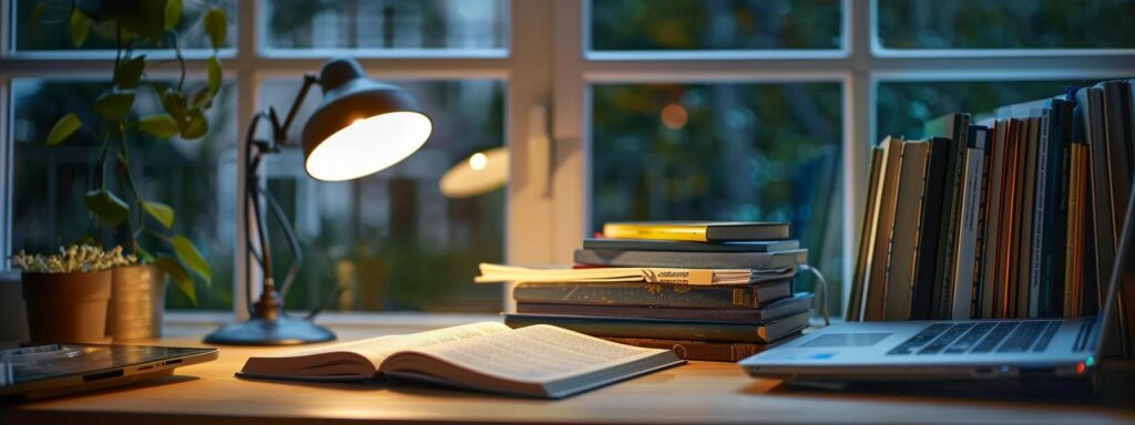 a bright, inspiring study space filled with open books, a glowing desk lamp, and a laptop, symbolizing the pursuit of academic success and reliable support for assignments.