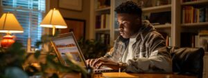 a focused student sits at a sleek desk illuminated by soft, warm lighting, intently engaging with a laptop, where an expert online tutor appears on the screen amidst a backdrop of inspiring academic decor.