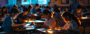 a vibrant digital classroom bustling with students engaged with homework help apps on sleek tablets, illuminated by warm, inviting light.