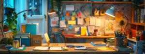 a vibrant study space filled with organized notebooks, colorful stationery, and a glowing desk lamp, conveying an atmosphere of inspiration and productivity for mastering assignments.