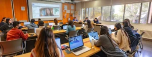 a bright and inviting virtual classroom filled with diverse, engaged students gathered around sleek laptops, eagerly participating in an online english tutoring session.