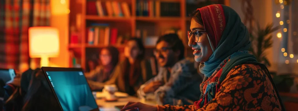 a dynamic online english tutor engaging with diverse students through a vibrant digital platform, illuminated by soft, warm lighting, capturing the essence of interactive learning and cultural connection.