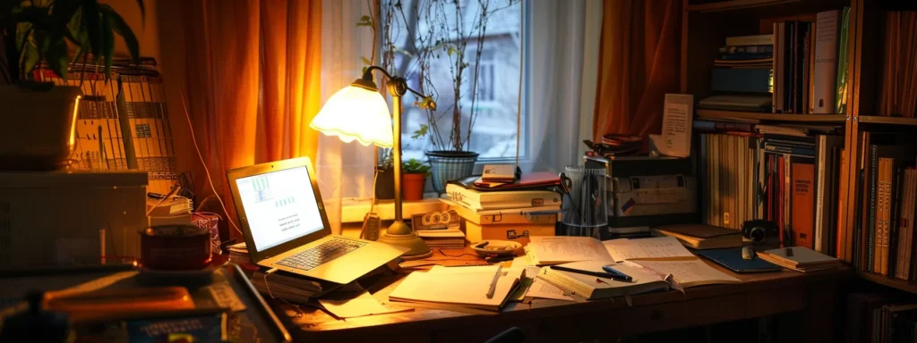 a focused student, illuminated by warm desk lamp light, engages thoughtfully with a laptop, surrounded by neatly organized study materials that convey a sense of confidence in seeking expert homework help.