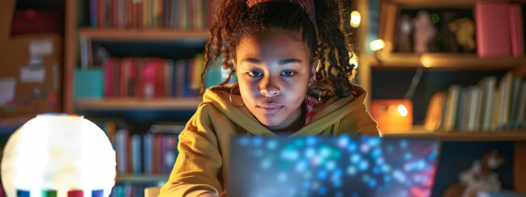 a focused student sits at a laptop adorned with educational materials, immersed in a vibrant online english lesson, illuminated by soft, warm lighting that highlights their engaged expression and the diverse array of interactive digital resources on the screen.
