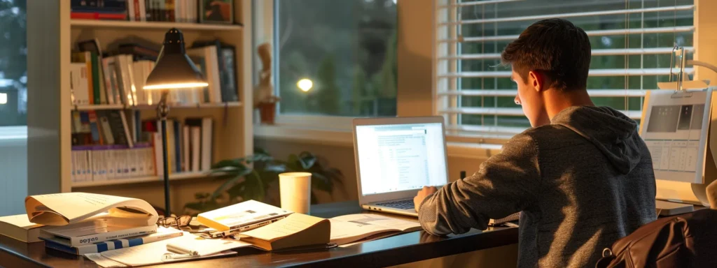a focused student sits at a sleek desk illuminated by soft, ambient lighting, contemplating various payment plans and options for hiring academic support, surrounded by open textbooks and a laptop displaying financial details.