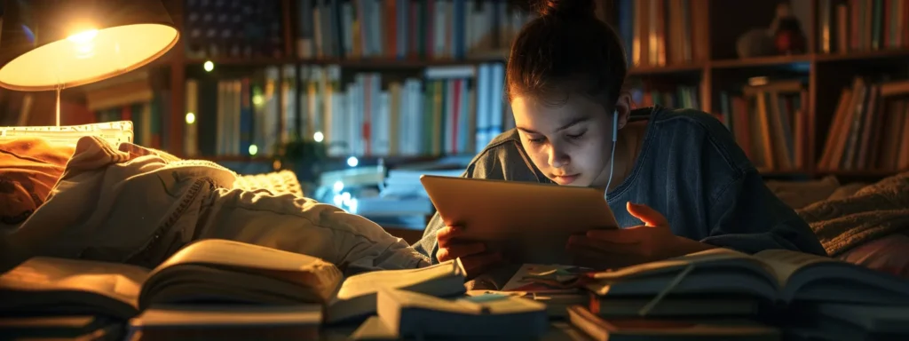 a focused student, surrounded by open textbooks and a glowing laptop, deeply engages in their studies at a cozy study desk, illuminated by warm, soft lighting that highlights their determination and academic growth.