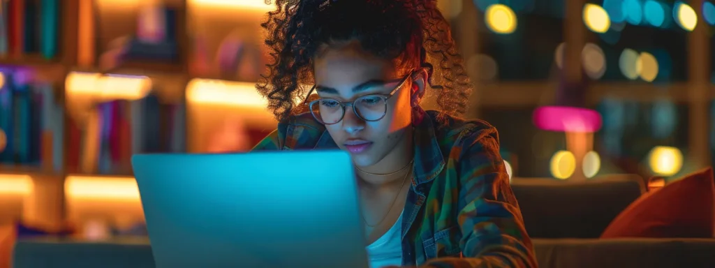 a serene study environment captures a student deeply focused on their laptop, surrounded by glowing screens displaying academic resources, symbolizing the quest for timely and effective online assignment help.