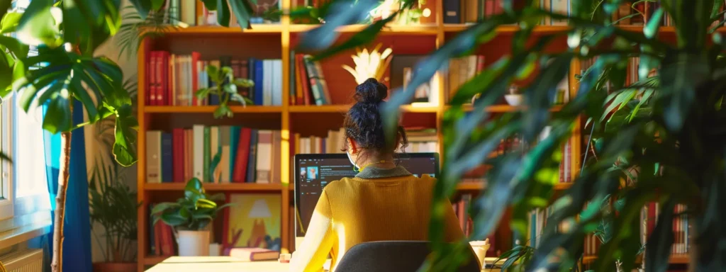 a serene study environment features a focused student engaged in a video call with an english tutor, surrounded by vibrant bookshelves and soft natural lighting that enhances the atmosphere of online learning.