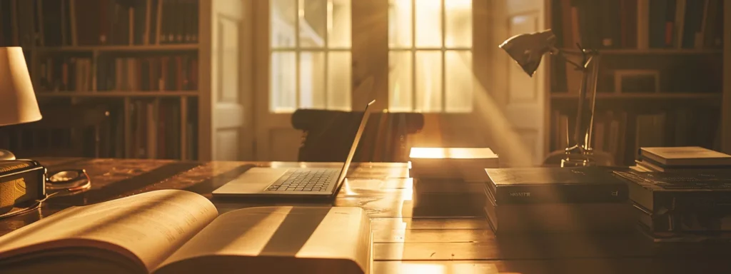 a serene study space bathed in warm, golden light, featuring an organized desk with open books and a laptop, symbolizing the balance between academic responsibility and personal well-being.