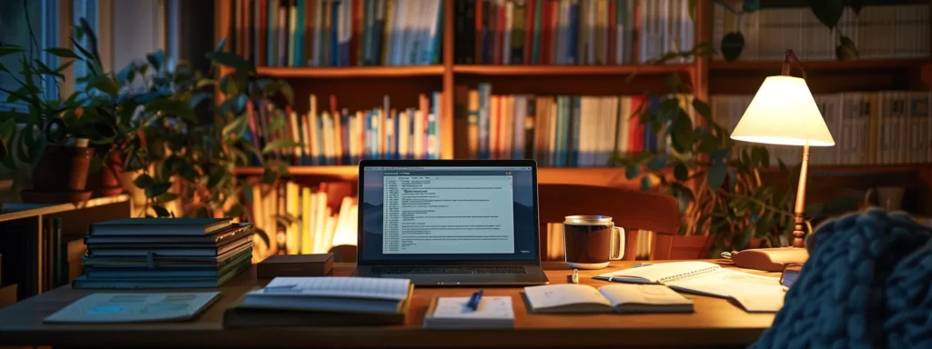 a serene study space is illuminated by soft, warm light, featuring an open laptop displaying a personalized learning platform, surrounded by neatly arranged books and notes, symbolizing tailored academic support and collaboration.