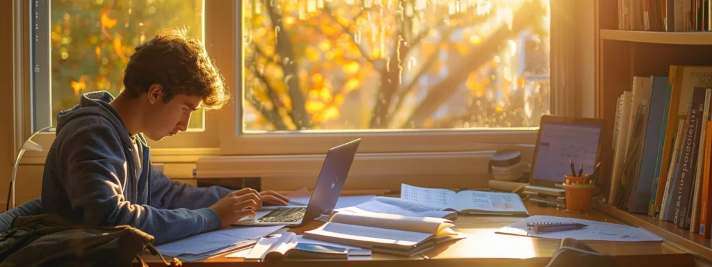 a student studies intently at a bright, organized desk, surrounded by open textbooks on physics and calculus, with a laptop displaying a trusted homework helper website, illuminated by warm, natural light filtering through a nearby window.
