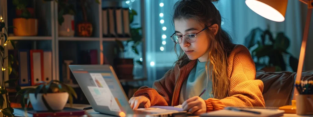 a thoughtful student sits at a cozy desk, surrounded by study materials, intently engaging with a laptop screen displaying a friendly online english tutor, illuminated by warm light that enhances the focus on their productive learning environment.