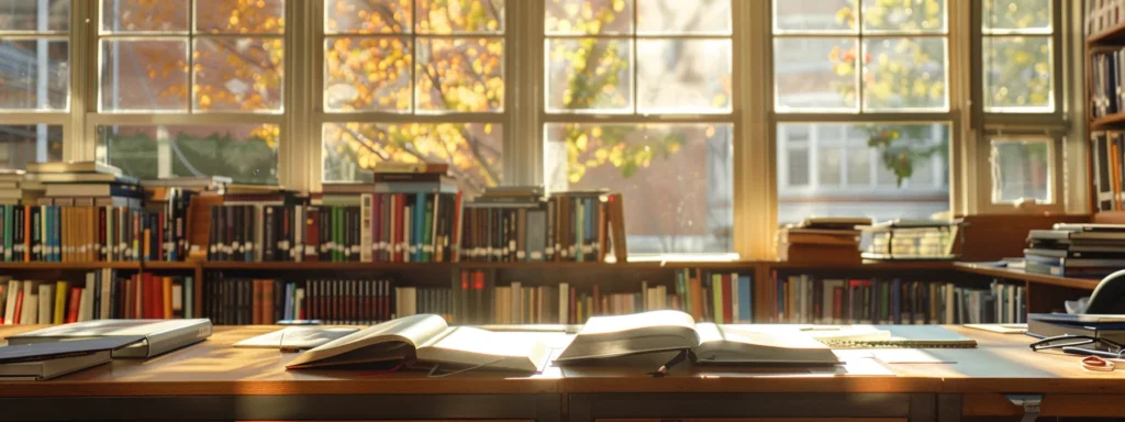 a vibrant study space illuminated by warm sunlight, showcasing an array of textbooks, papers, and a laptop, embodying a dynamic environment of focused academic assistance and learning.