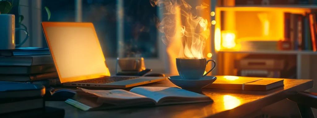 a cozy home study space features a glowing laptop surrounded by vibrant books and a steaming cup of tea, symbolizing the enriching experience of online english learning with flexible scheduling and qualified tutors.
