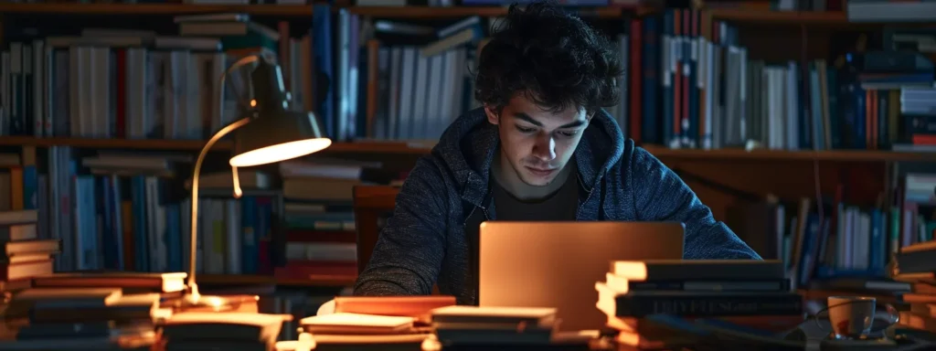 a confident student gazes thoughtfully at a laptop illuminated by a warm desk lamp, surrounded by stacks of academic books in a cozy study, symbolizing the trust in expert writers for university assignments.