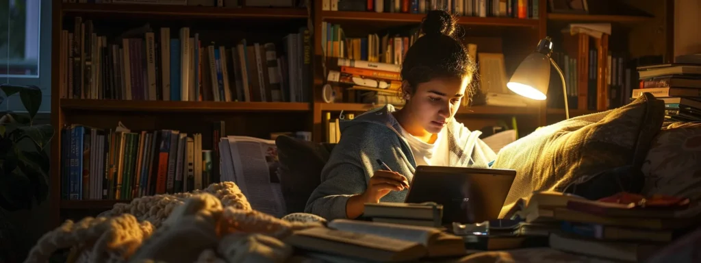 a focused student immersed in a cozy study nook, surrounded by books and a laptop, exuding determination and a quest for academic integrity, illuminated by warm, soft light.