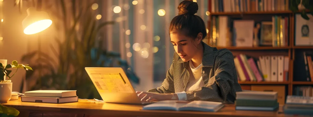 a focused student sits at a sleek desk, illuminated by warm light, with a laptop open displaying transparent pricing charts and secure payment options, embodying the pursuit of academic excellence through informed investment.