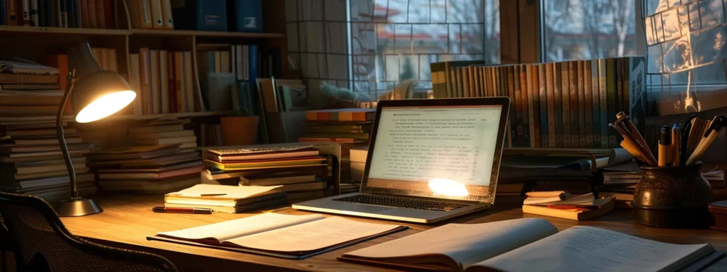 a serene study environment bathed in warm light, featuring an open laptop surrounded by neatly organized textbooks and essential stationery, symbolizing tailored academic support and efficient time management.
