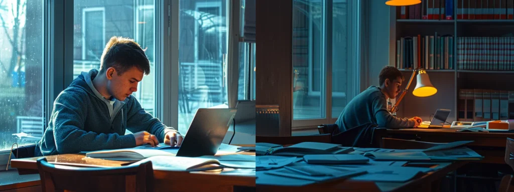 a serene study space illuminated by soft, natural light, filled with open books and a laptop, depicting a student in deep concentration as they effectively navigate through complex academic assignments.