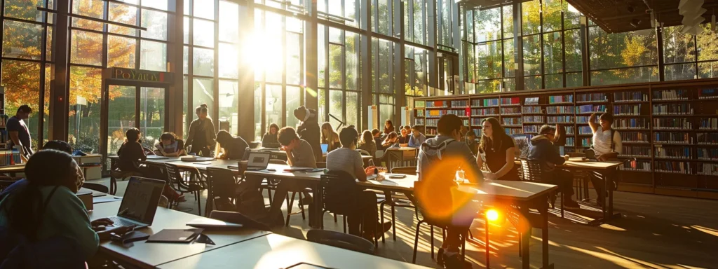 a vibrant, sunlit library setting showcases diverse students engaged in focused study sessions, surrounded by open laptops and stacks of books, embodying collaboration and academic success.